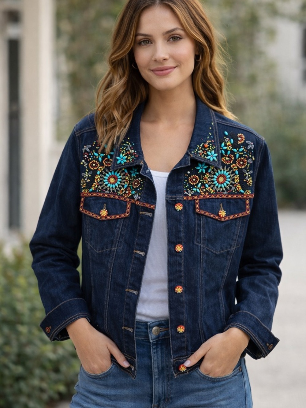 Diane Gilman denim bohemian beaded long sleeve jacket. Sz L. 24” long. Like new